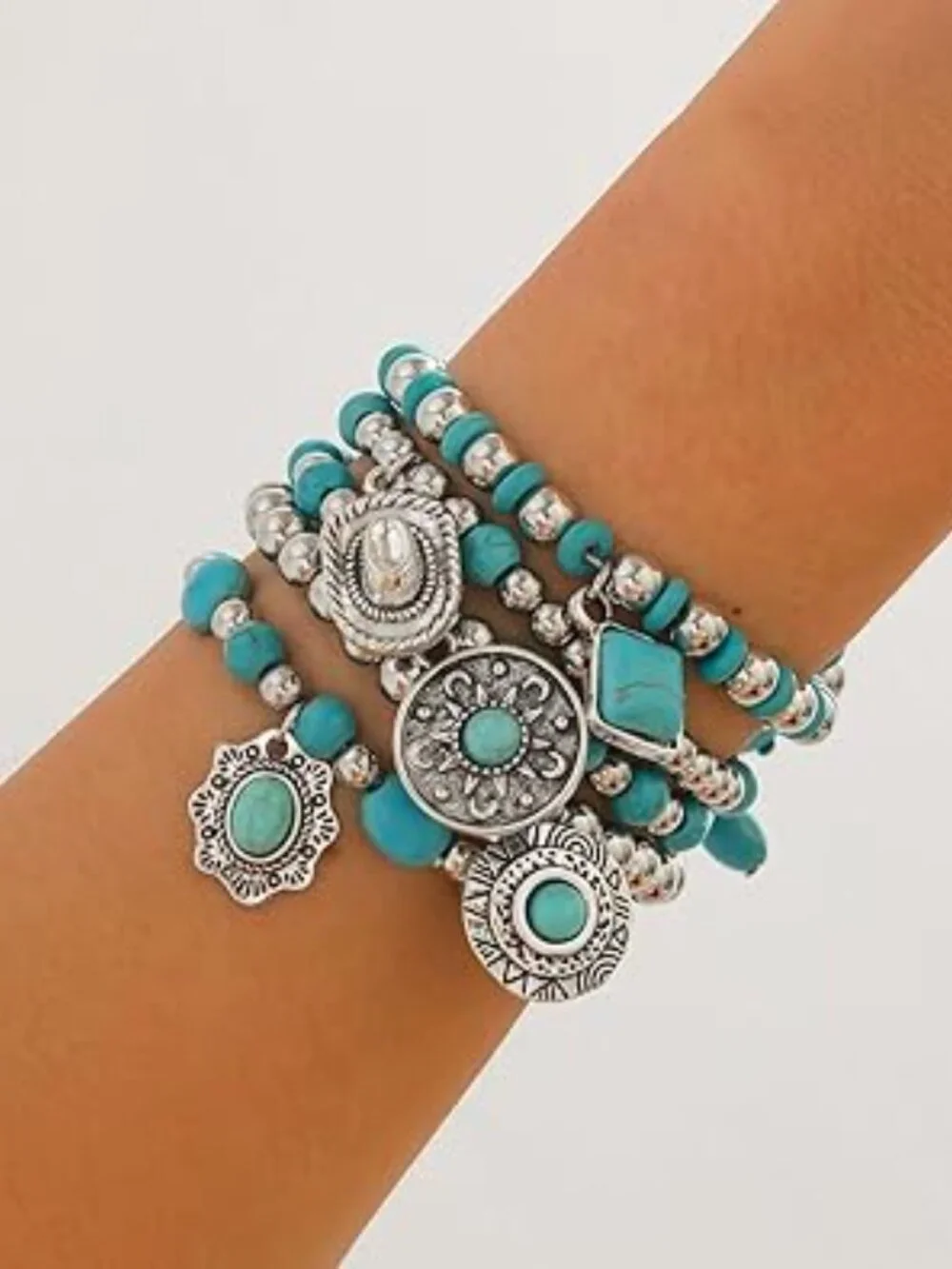 5 Turquoise Western Bracelets‎ Vintage Stackable Beaded Country Concert